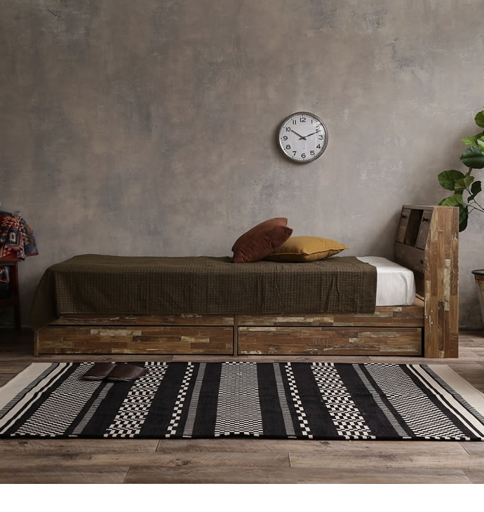 g128009]【シングル】Cave 寄木柄引出し付ベッド 収納付きベッド